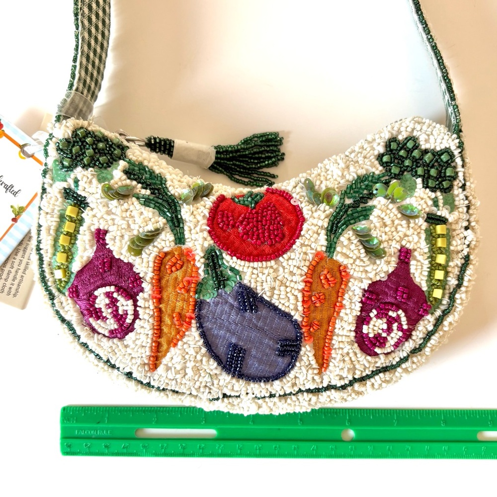 Beaded Vegetable Small Crescent Shoulder Bag Handcrafted In India - Picture 7 of 8